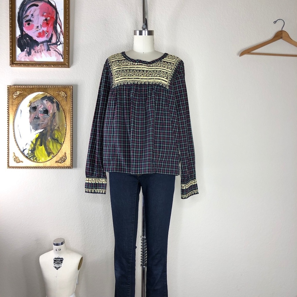J Crew Embroidered Peasant Top Plaid Gold Filigree - Picture 2 of 8